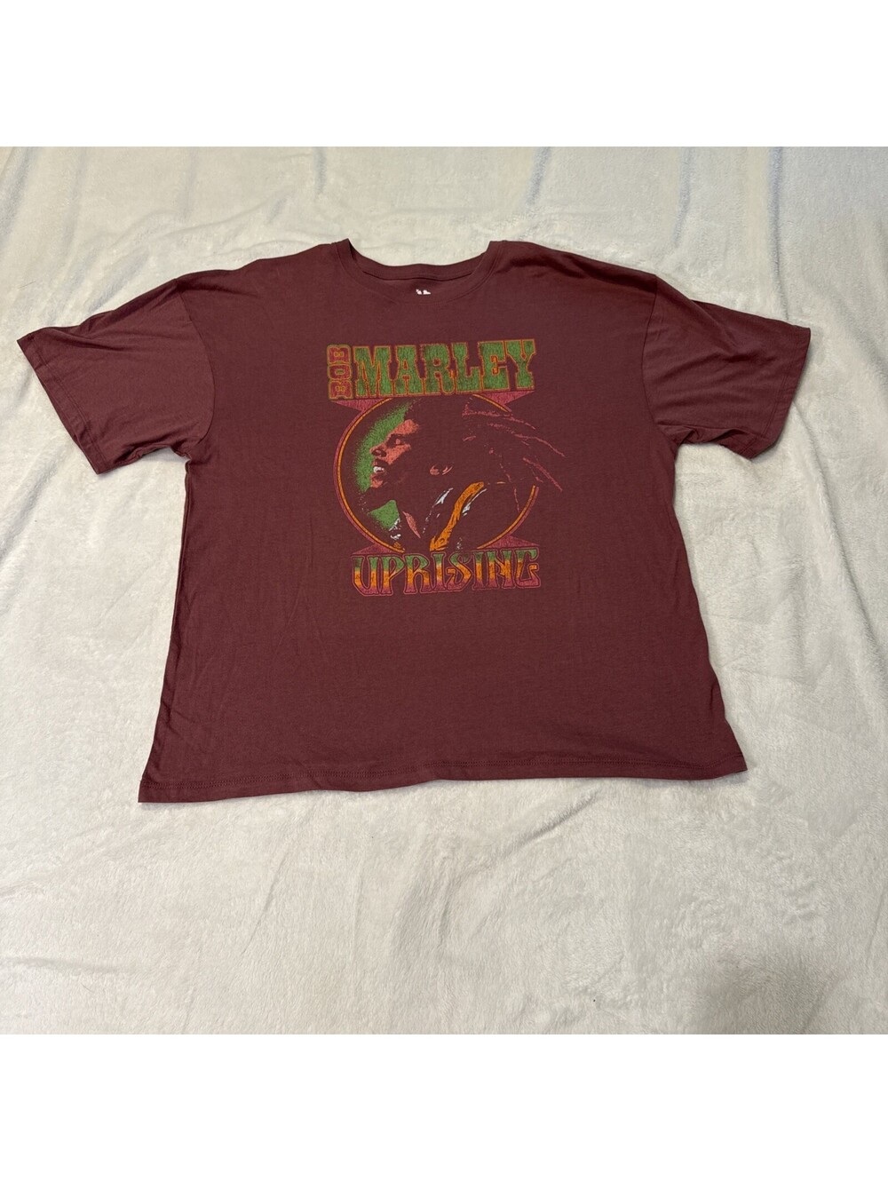 Zion Rootswear Bob Marley Uprising Graphic T-Shirt Maroon Cotton Size L (2076)